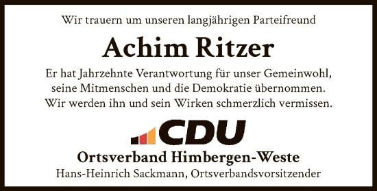Todesanzeige von Achim Ritzer von UEL