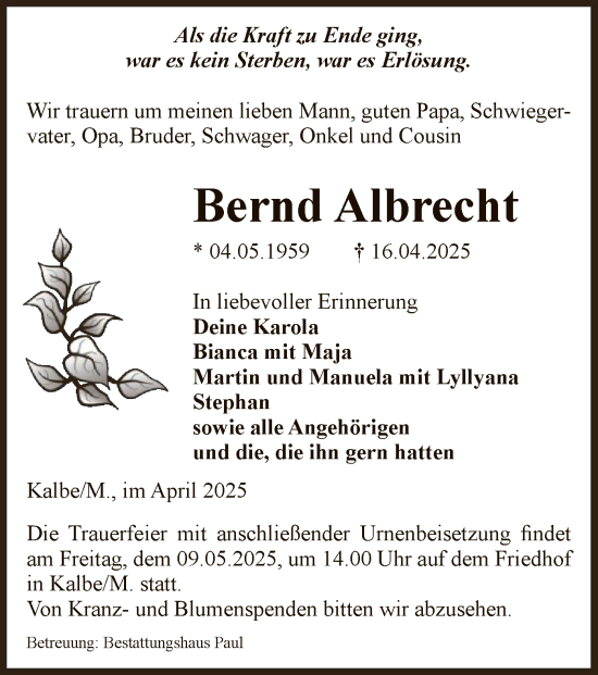 Todesanzeige von Bernd Albrecht von UEL