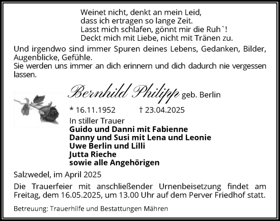 Todesanzeige von Bernhild Philipp von UEL
