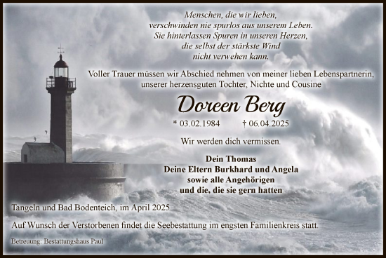 Todesanzeige von Doreen Berg von UEL