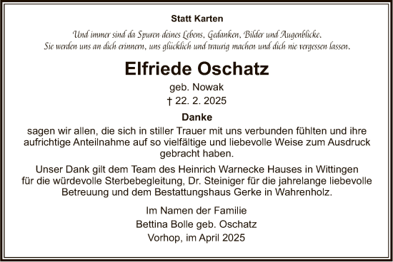 Todesanzeige von Elfriede Oschatz von UEL