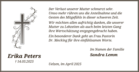 Todesanzeige von Erika Peters von UEL