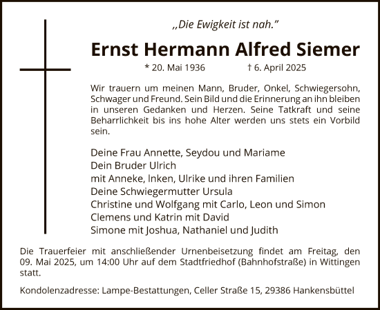 Todesanzeige von Ernst Hermann Alfred Siemer von UEL