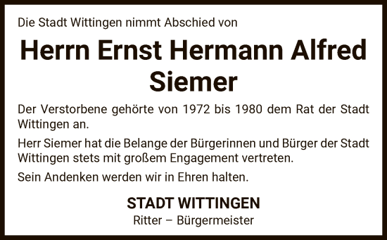Todesanzeige von Ernst Hermann Alfred Siemer von UEL