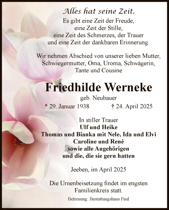 Todesanzeige von Friedhilde Werneke von UEL