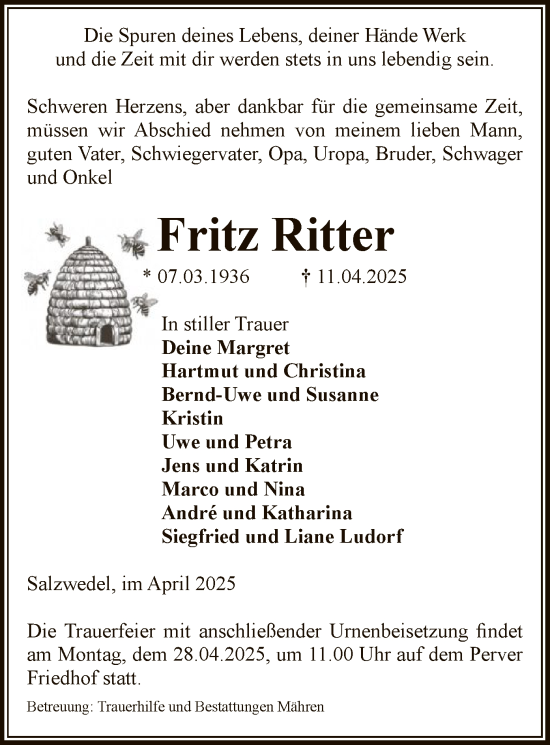 Todesanzeige von Fritz Ritter von UEL