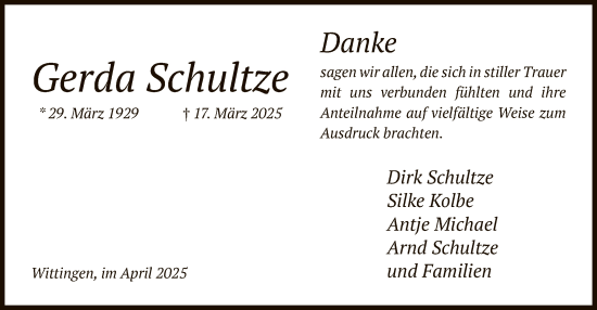 Todesanzeige von Gerda Schultze von UEL