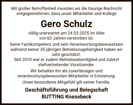Todesanzeige von Gero Schulz von UEL