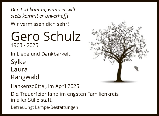 Todesanzeige von Gero Schulz von UEL
