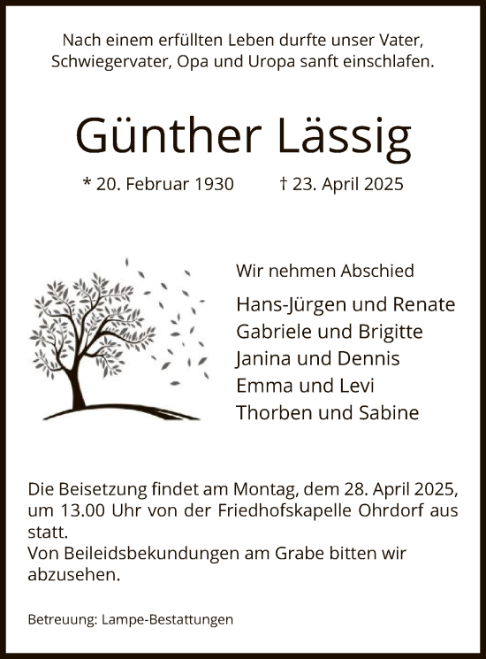 Todesanzeige von Günther Lässig von UEL