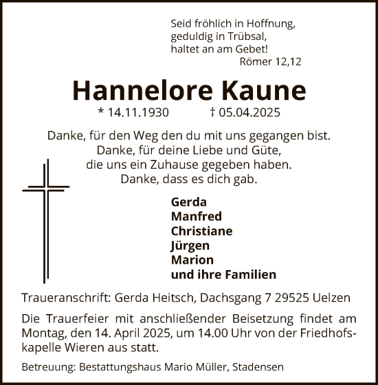Todesanzeige von Hannelore Kaune von UEL