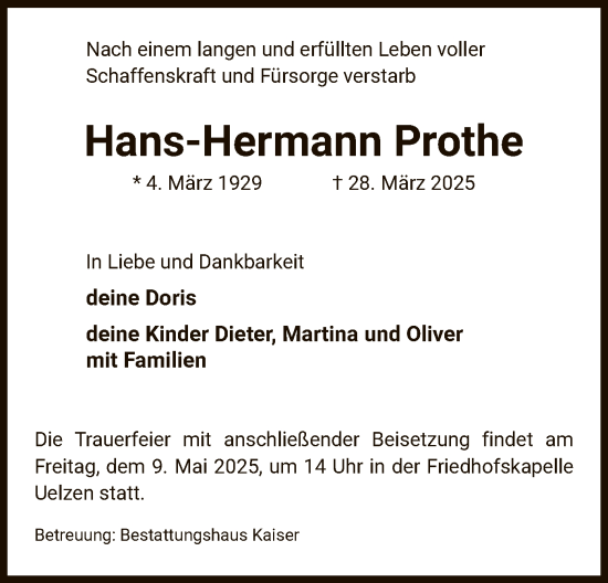 Todesanzeige von Hans-Hermann Prothe von UEL