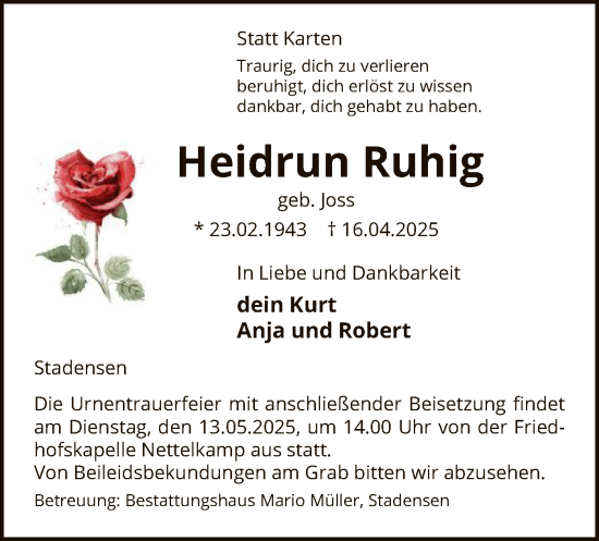 Todesanzeige von Heidrun Ruhig von UEL