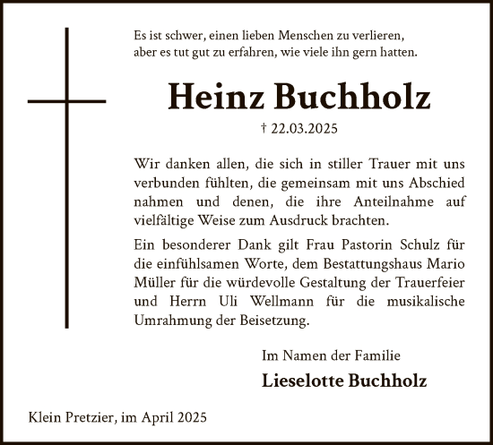Todesanzeige von Heinz Buchholz von UEL