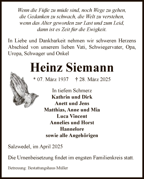 Todesanzeige von Heinz Siemann von UEL