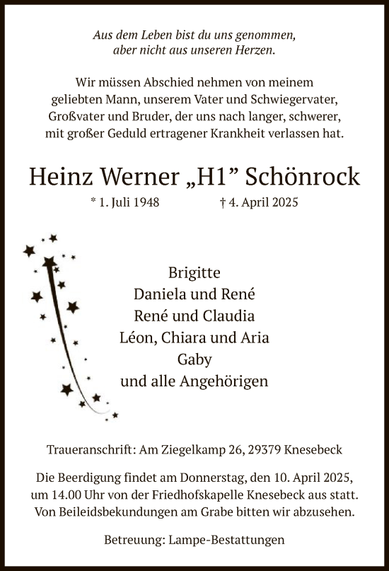 Todesanzeige von Heinz Werner Schönrock von UEL