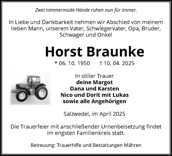 Todesanzeige von Horst Braunke von UEL