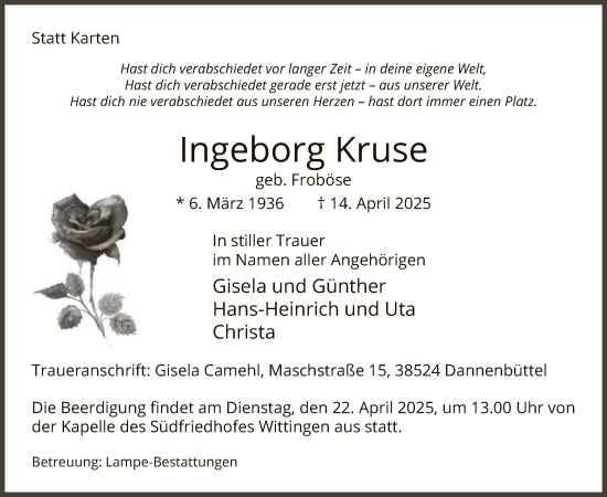 Todesanzeige von Ingeborg Kruse von UEL
