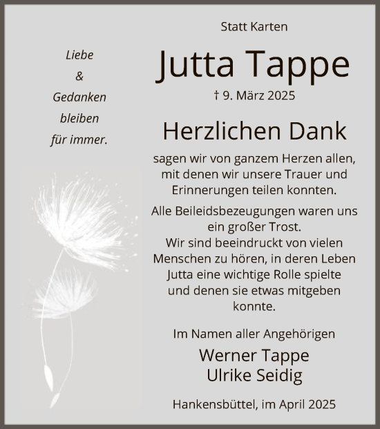 Todesanzeige von Jutta Tappe von UEL