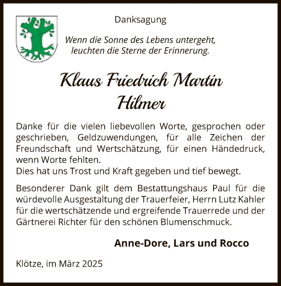 Todesanzeige von Klaus Friedrich Martin Hilmer von UEL