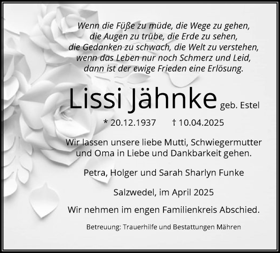 Todesanzeige von Lissi Jähnke von UEL