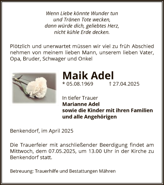 Todesanzeige von Maik Adel von UEL