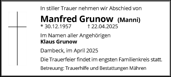 Todesanzeige von Manfred Grunow von UEL
