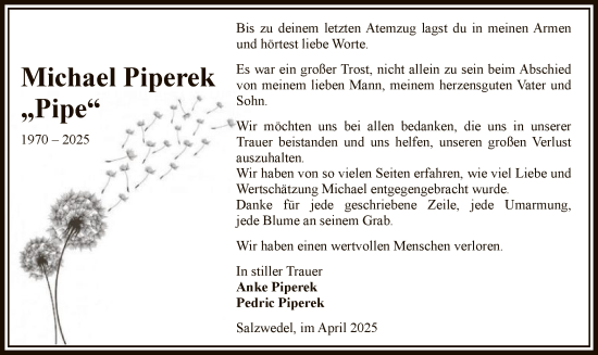 Todesanzeige von Michael Piperek von UEL