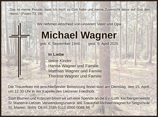 Todesanzeige von Michael Wagner von UEL
