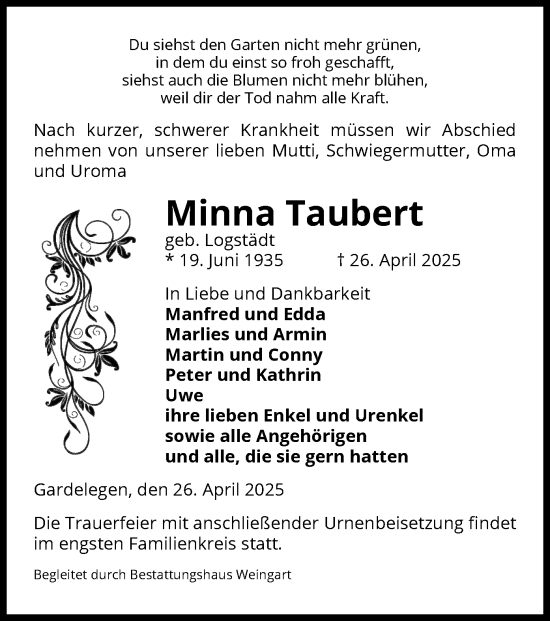 Todesanzeige von Minna Taubert von UEL