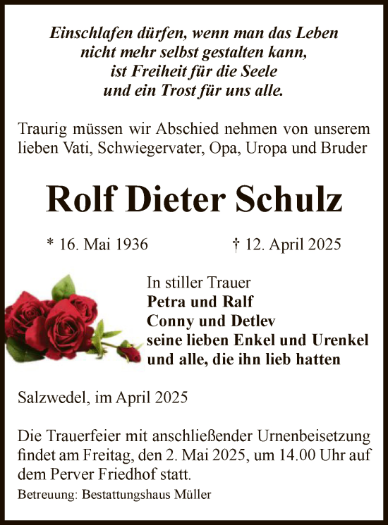 Todesanzeige von Rolf Dieter Schulz von UEL
