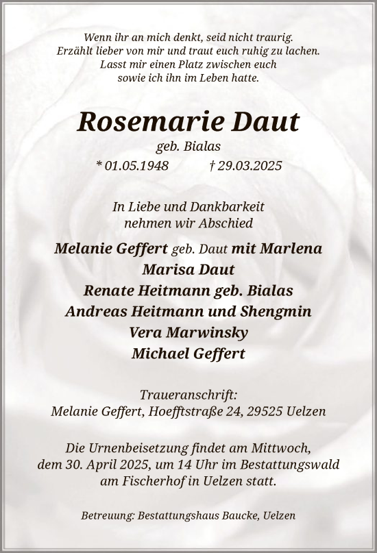 Todesanzeige von Rosemarie Daut von UEL