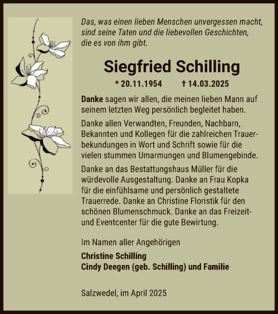 Todesanzeige von Siegfried Schilling von UEL