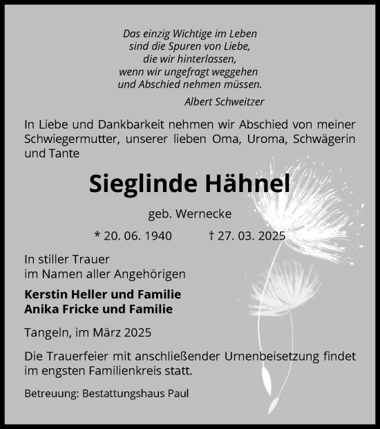 Todesanzeige von Sieglinde Hähnel von UEL