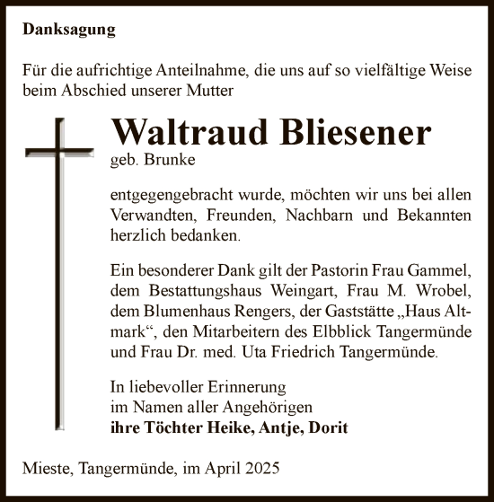 Todesanzeige von Waltraud Bliesener von UEL