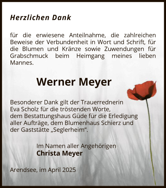 Todesanzeige von Werner Meyer von UEL