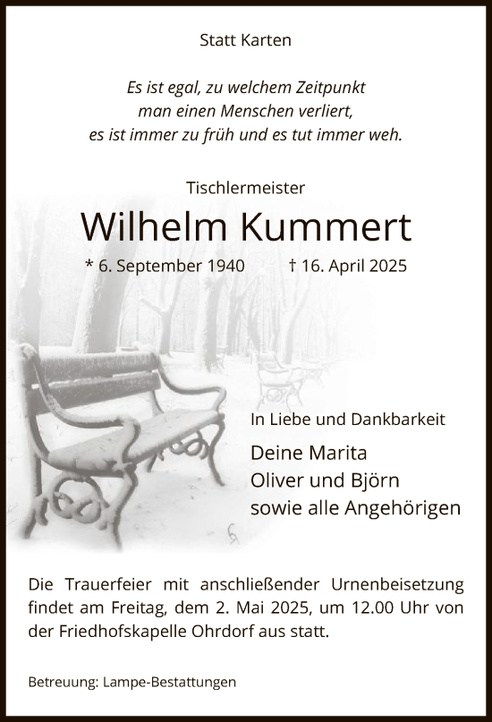 Todesanzeige von Wilhelm Kummert von UEL