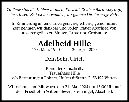 Todesanzeige von Adelheid Hille von UEL