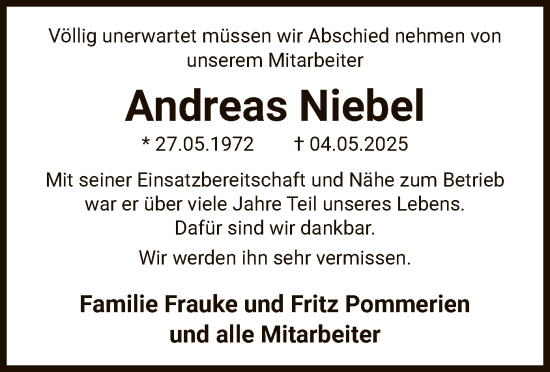 Todesanzeige von Andreas Niebel von UEL
