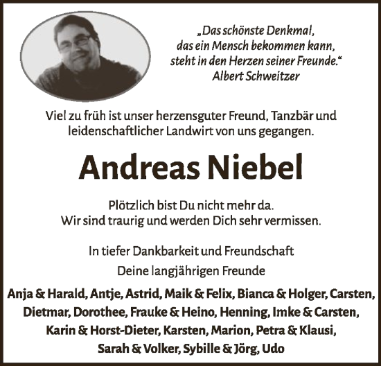 Todesanzeige von Andreas Niebel von UEL