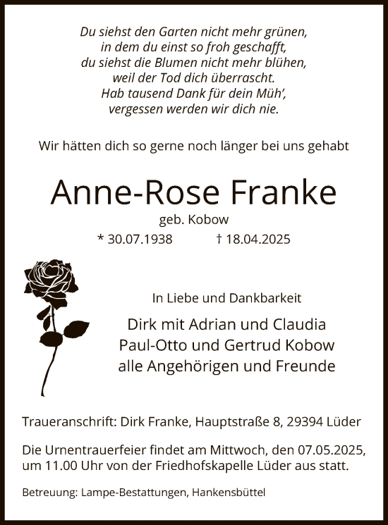 Todesanzeige von Anne-Rose Franke von UEL