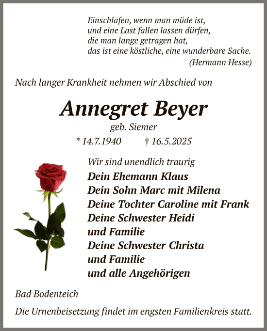 Todesanzeige von Annegret Beyer von AZ