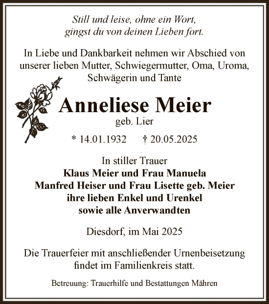 Todesanzeige von Anneliese Meier von AMZ