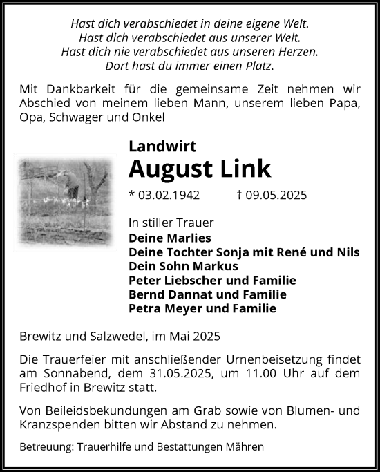 Todesanzeige von August Link von UEL