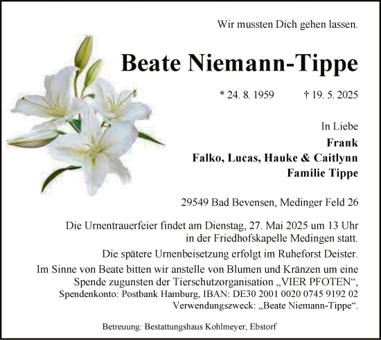 Todesanzeige von Beate Niemann-Tippe von AZ
