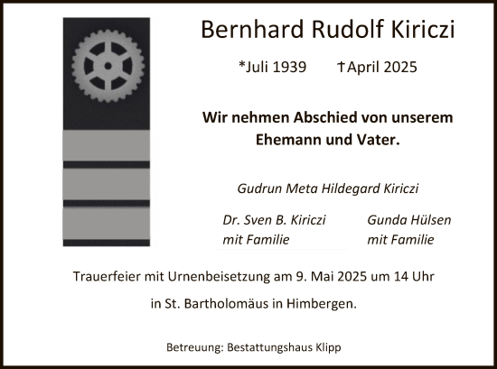 Todesanzeige von Bernhard  Kiriczi von UEL