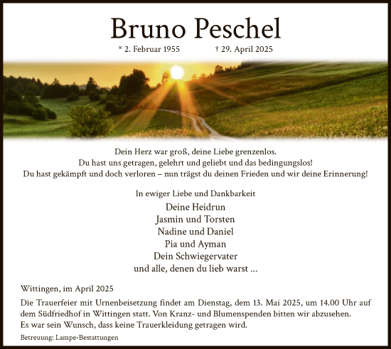 Todesanzeige von Bruno Peschel von UEL