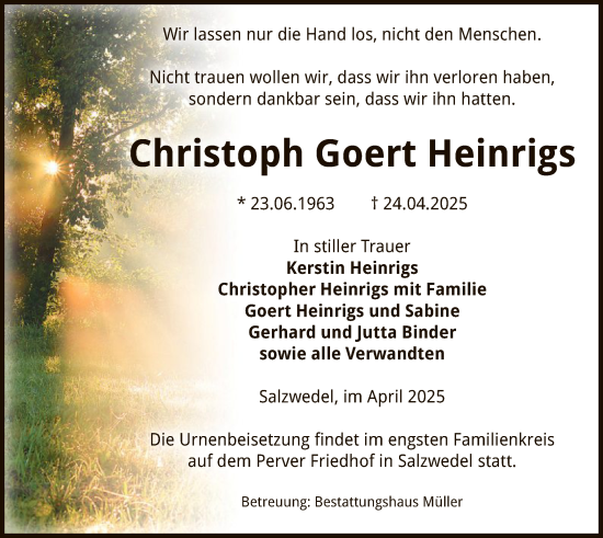 Todesanzeige von Christoph Goert Heinrigs von UEL