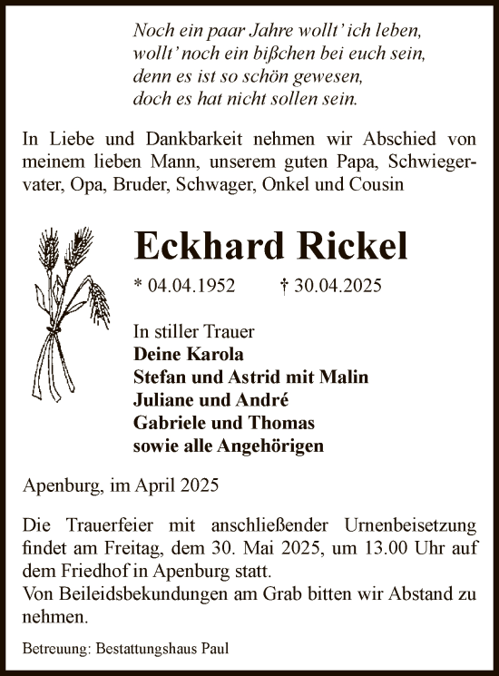 Todesanzeige von Eckhard Rickel von UEL