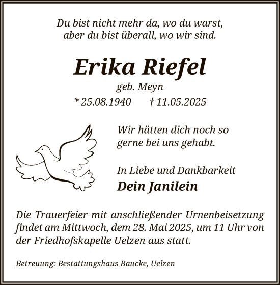 Todesanzeige von Erika Riefel von UEL